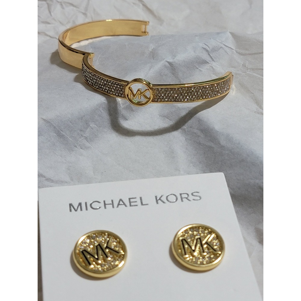 Michael Kors Gold Tone Pave Crystal Logo Bangle Bracelet and Stud Earrings Set